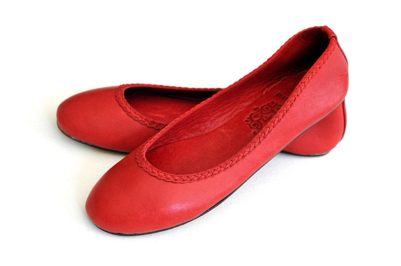 red leather flat shoes