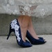 Navy Blue Wedding Heel With Venise Lace Applique. Size 8.5
