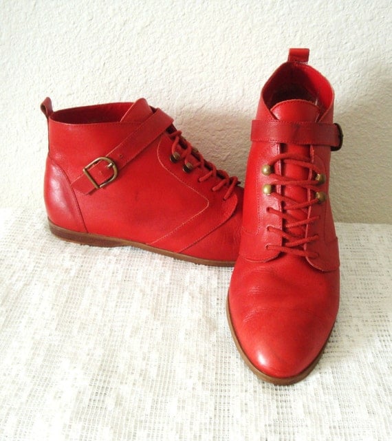 red leather flat shoes