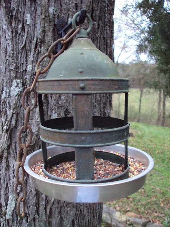 OOAK Hanging bird feeder made from a vintage brass light