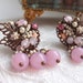 Gorgeous Pink Post Earrings in Antique Copper Beaded in Vintage Style Rhinestone Leaves Sparkling Rose Art Nouveau Earrings
