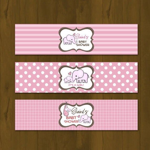 Pink Elephant Water Bottle Labels Pink by SplashboxPrintables