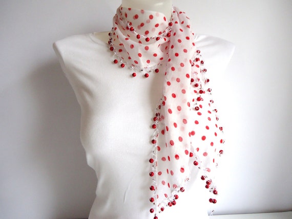 White Red Polka Dot Elegant Cotton Scarf with Wooden Beads