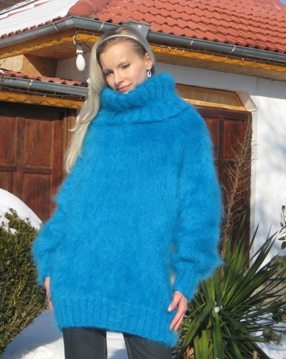 Very Sexy Turquoise Blue Hand Knitted Mohair Sweater by supertanya
