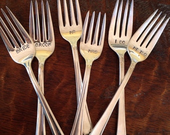 Bride and Groom wedding forks hand stamped vintage silverware I Do Me Too