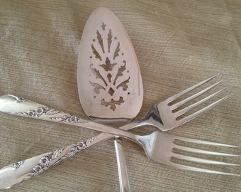 Bride and Groom Forks and Cake Server Hand Stamped Vintage Silverplate