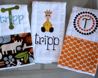 Personalized baby boy burp cloths - safari giraffe