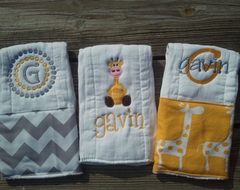 Personalized baby boy burp cloths - safari giraffe