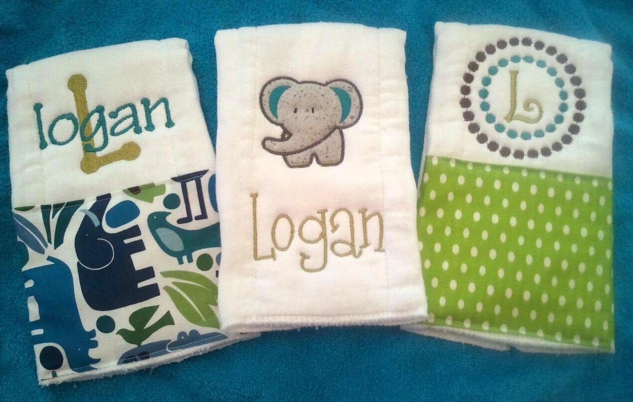Personalized baby boy burp cloths safari elephant