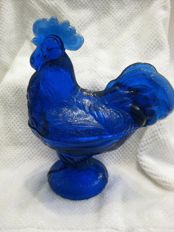 Cobalt Blue Vintage Glass Rooster Candy Dish by VintagePlus4U