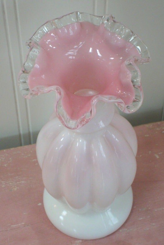 Vintage Fenton Pink Vase Ruffled Ruffle Top White Milk