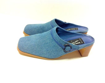 7 Denim Slip On Clogs, Leather Chunk Heel Blue Jean Mules 7
