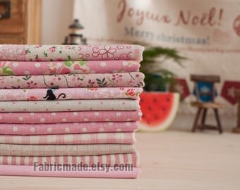 Pink Bundle Pink Linen Cotton Fabric Bundle- Pink Fabric Bundle, 11 Fat Eight Pieces each 13"x9"