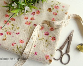 Little Daisy Floral Fabric Linen Cotton Shabby Chic Flower Pink Daisy on Beige Vintage Retro Style- 1/2 yard