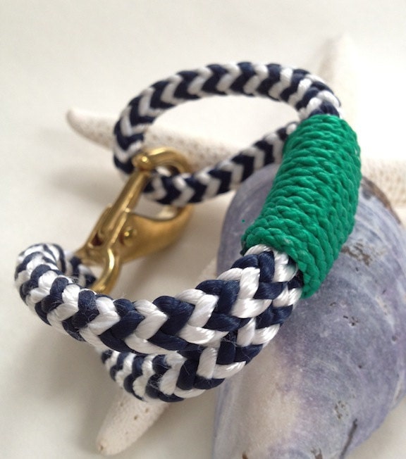Navy & White Nautical Rope Bracelet with Green Wrap and a