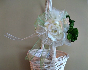 CLEARANCE Ivory and green bow for a flower girl's basket or gift wrap bow, Irish wedding bow, Wedding or bridal shower decoration (W25)
