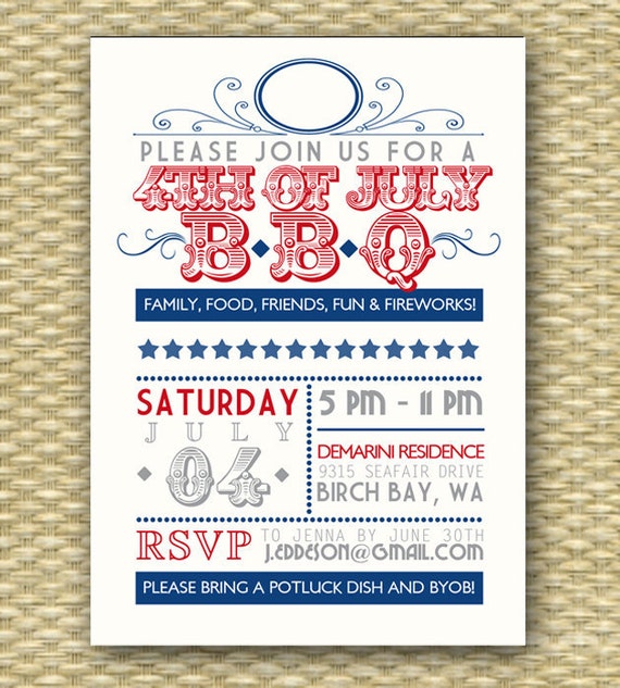 Vintage July 4th BBQ Invitation Independence Day 4th of July BBQ Party Invitation Typography Poster Style Wedding Shower BBQ Any Event