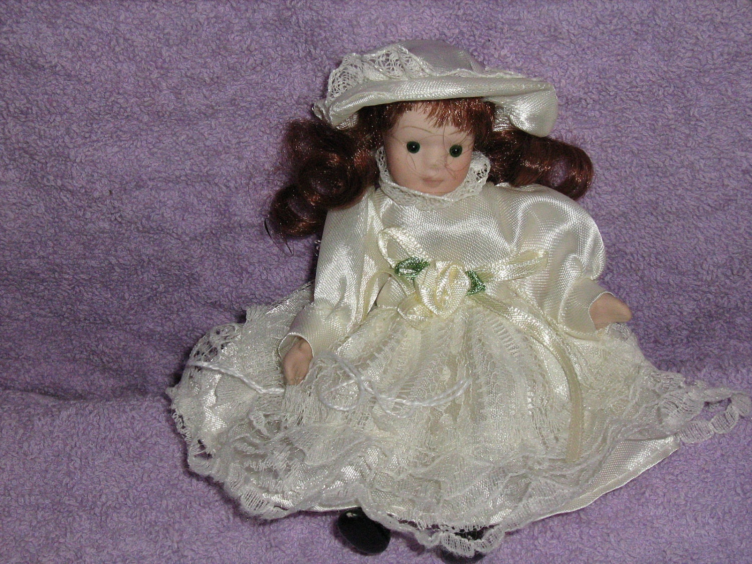 Porcelain Vintage String Doll White Satin Dress