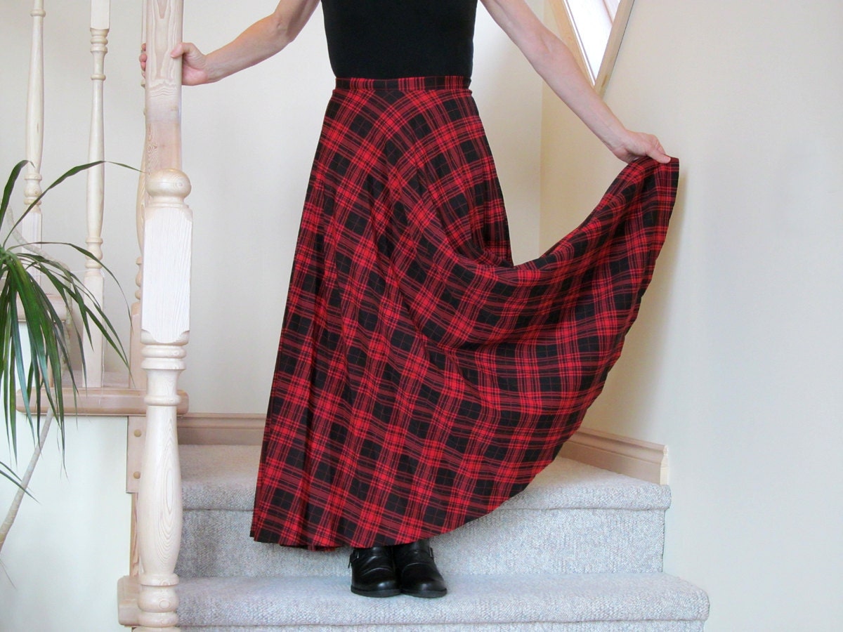  Red  and black  plaid pleated maxi skirt  Goth Steampunk 70s