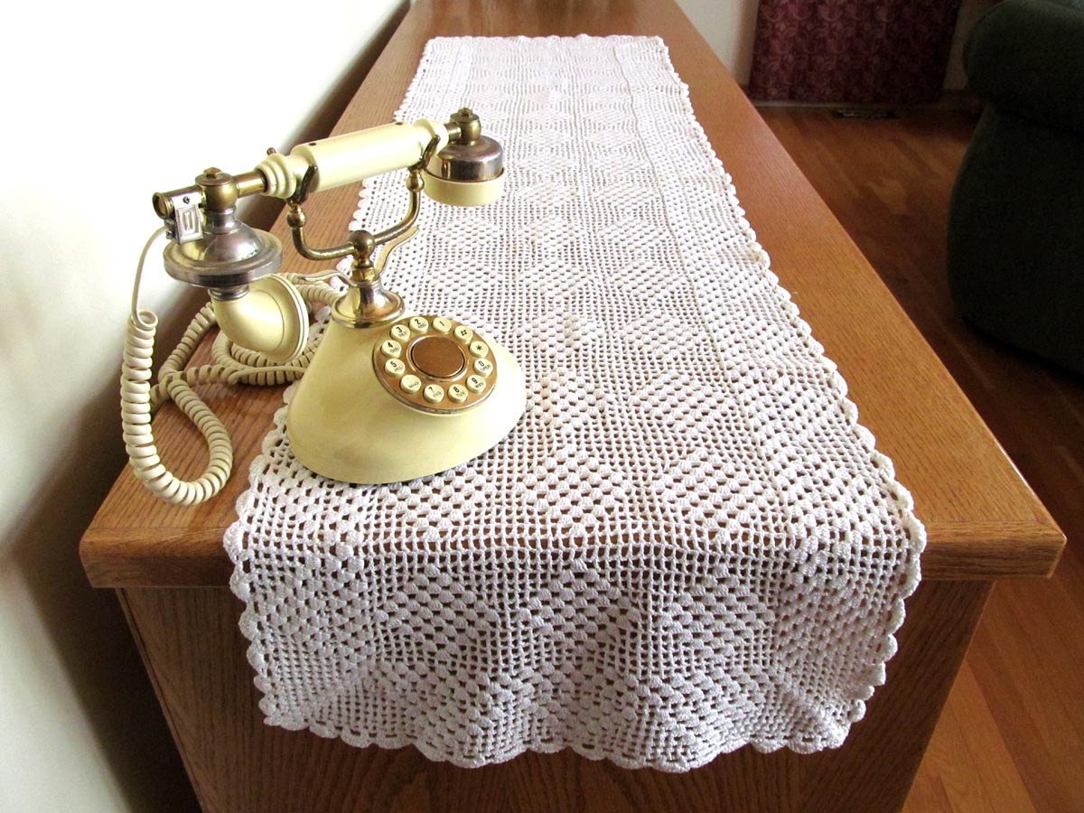 White crocheted table runner handmade table scarf 60 inch