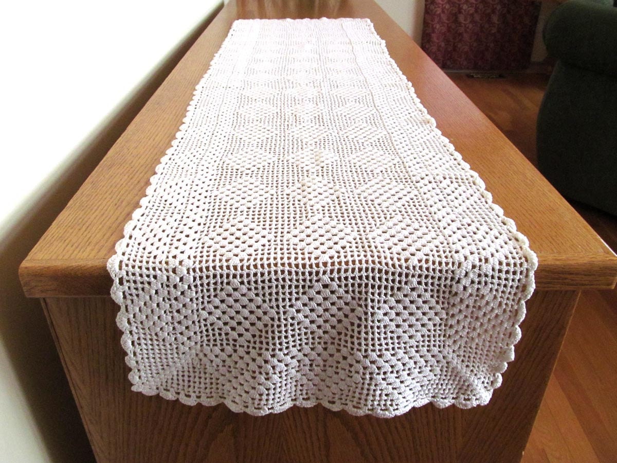 White crocheted table runner handmade table scarf 60 inch