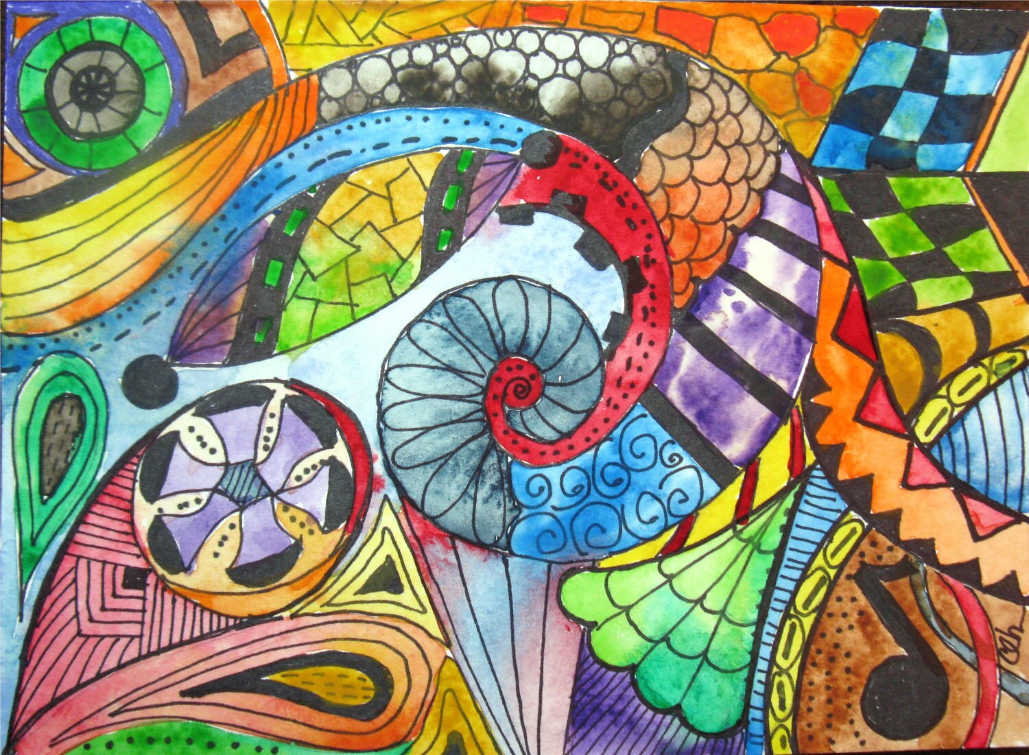 Watercolor card abstract Zentangle handpainted greeting
