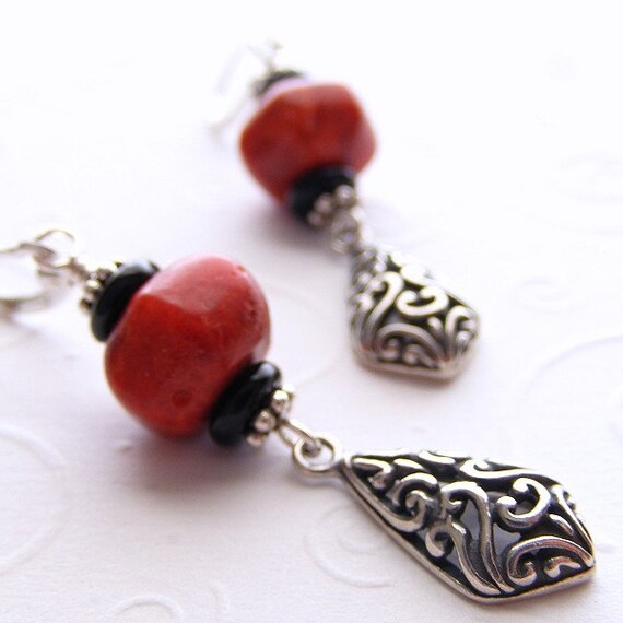 Fancy Filigree Diamond Drops with Apple Coral and Black Czech