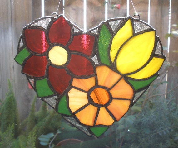 Items similar to Heart Shaped Floral Stained Glass Panel / Suncatcher ...