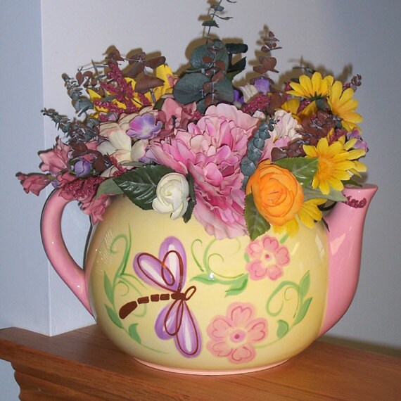 Large Whimsical Dragonfly Teapot Floral Arrangement