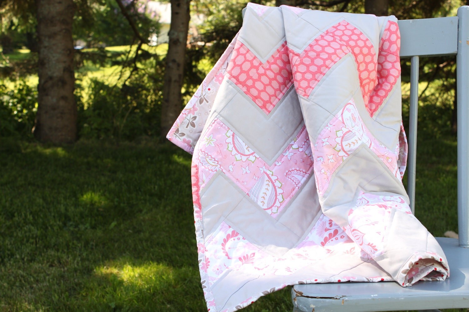 Baby Quilt Pink and Grey Chevron by ellascottage on Etsy