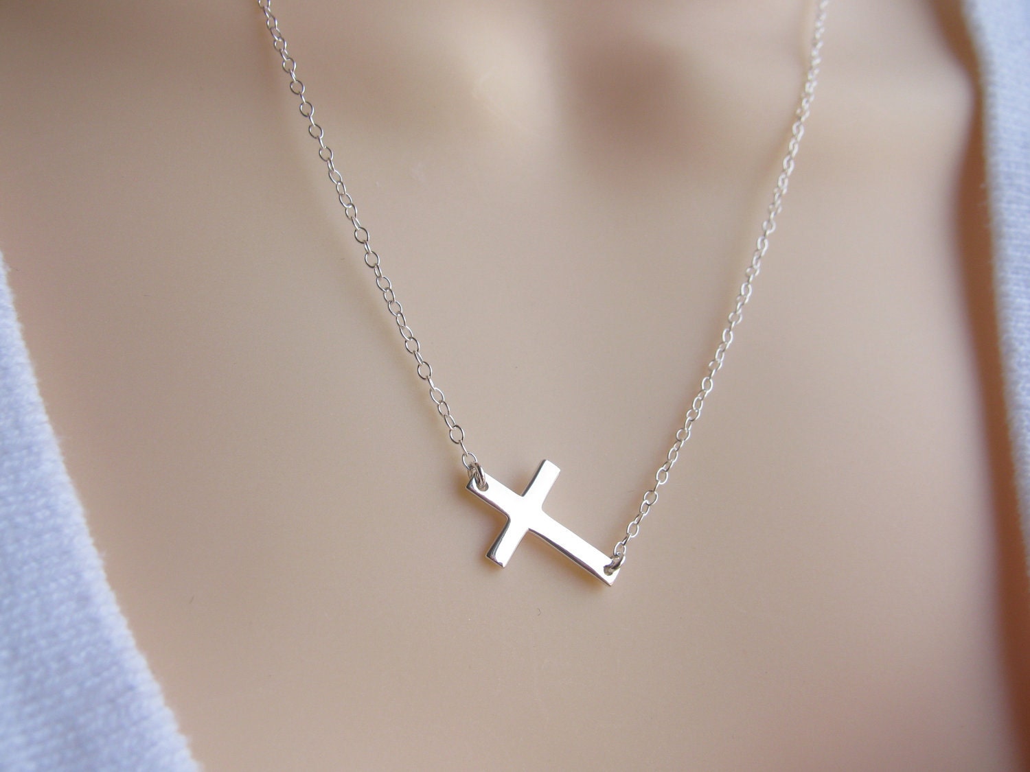 Silver Sideways Cross Necklace . Sterling Silver Cross by MonyArt