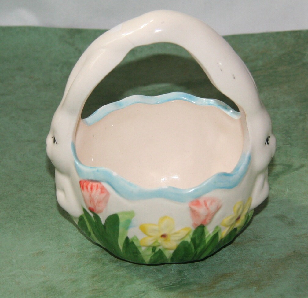 Vintage Easter Ornament Ceramic Basket Bunny Basket with