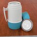 Mint Classic Thermos Brand Vacuum Jar Teal and Beige Pint Size To Go Coffee Mug Mercury Glass Handle