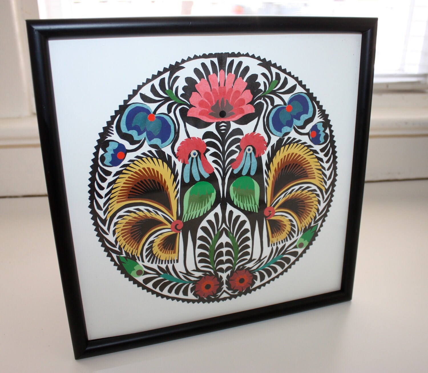 Vintage Wycinanki Polish Folk Art paper cutout Roosters and