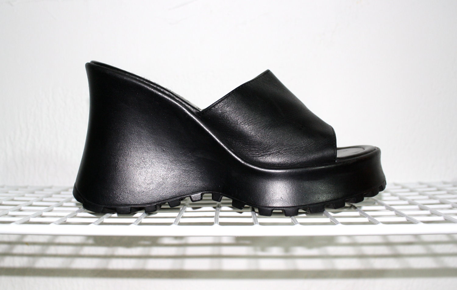 Vintage 90s Black Leather Chunky Platform Wedge / 1990's