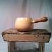 Mid century modern enamelware butter pot with wooden handle, ivory