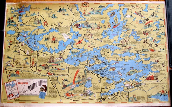 Items similar to Lake Vermilion, Minnesota Map - 1938 Large Cartoon Map ...