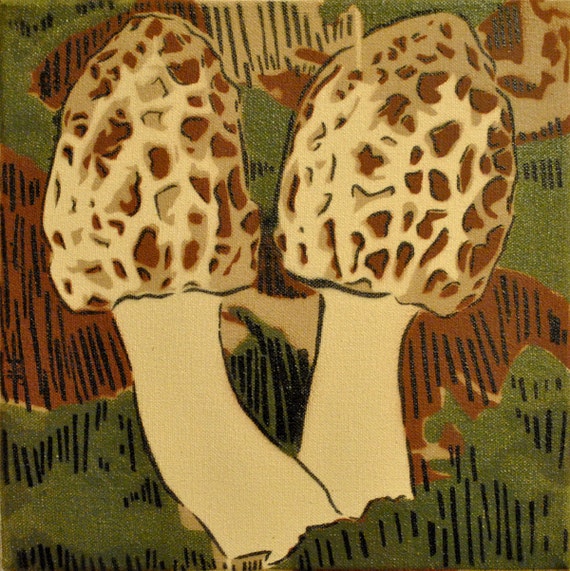 Morel mushroom spray paint stencil painting