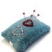 Three Hearts Pincushion Ring, Blue, Red, and Pink Embroidered Silk Hearts