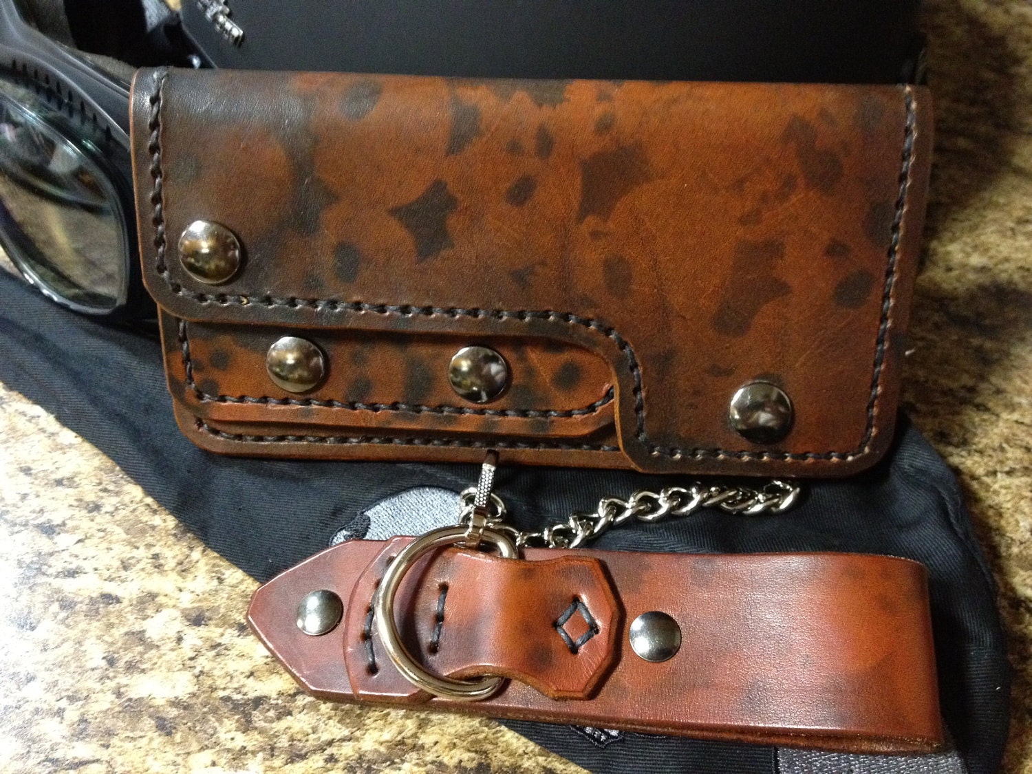 Leather Biker Trucker Chain Wallet with Airbrushed Skulls