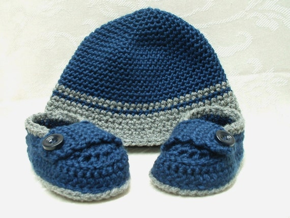 Blue and Gray Baby Boy Hat and Loafer Set