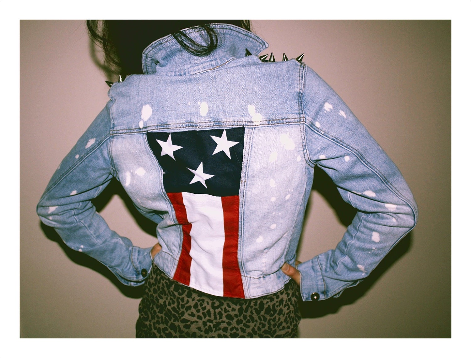 americana studded denim jacket with brass spikes american flag