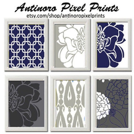 Items similar to Navy Blue Greys White Wall Art Vintage / Modern