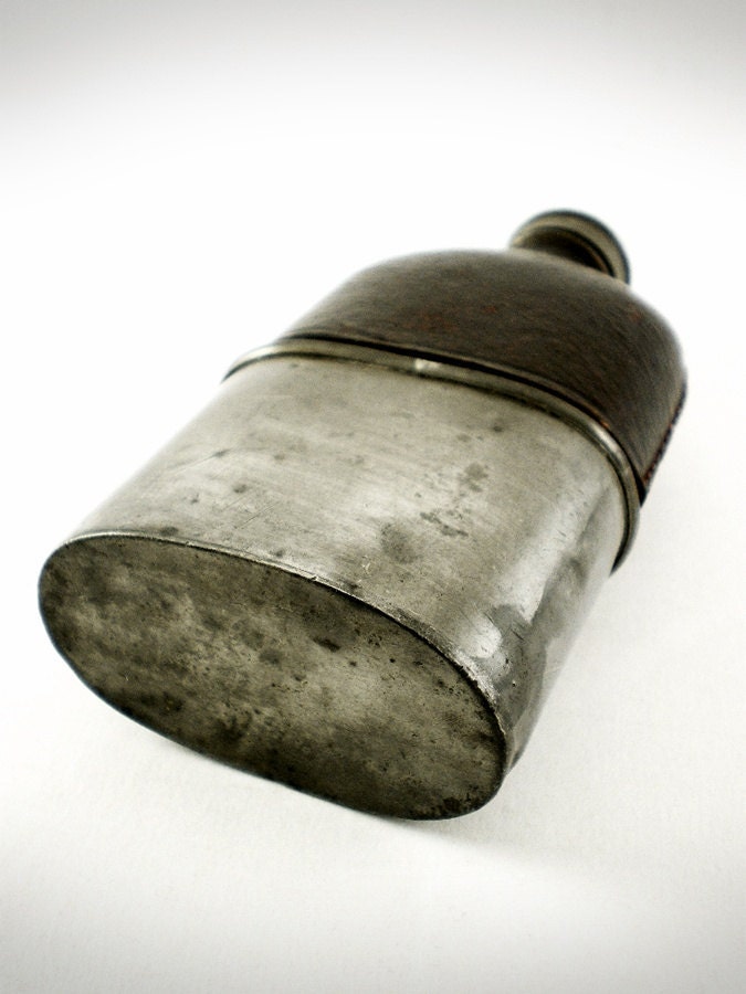 Antique Glass Pewter and Brown Leather Hip Flask
