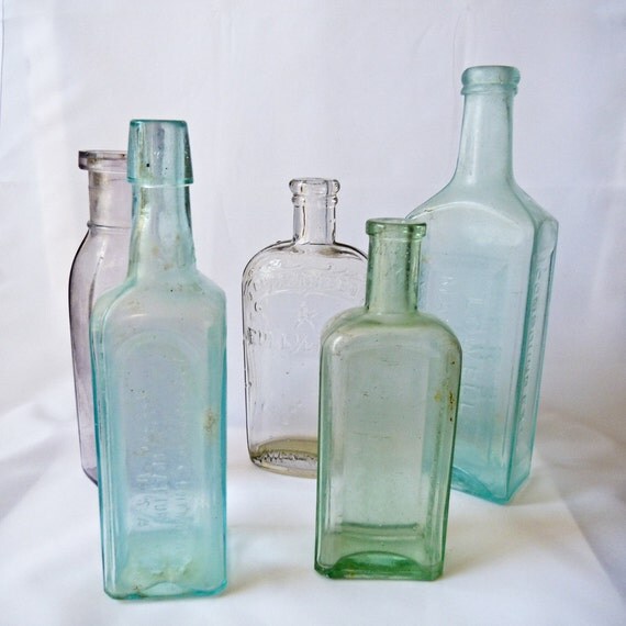 Antique Glass Bottles Lot of 5 Vintage Mixed Bottles