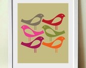 Mid century vintage style, SIX BIRDS, giclée artists print, (A3)