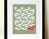 Scandinavian Design, Wall Art, Danish Modern, Kitchen Art, One red bird, Retro style Art,