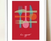 Kitchen Wall Art, Mid Century Modern Poster Print, Bon Appetit, RED, Inspirational Quote, Gift for Cooks, Knife, Fork and Spoon, Cooking Art