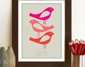 Retro Poster, Mid Century Modern, Song Lyrics print, Bob Marley Three Little Birds, Inspirational Quote, Music print, Bird wall art, PINKS