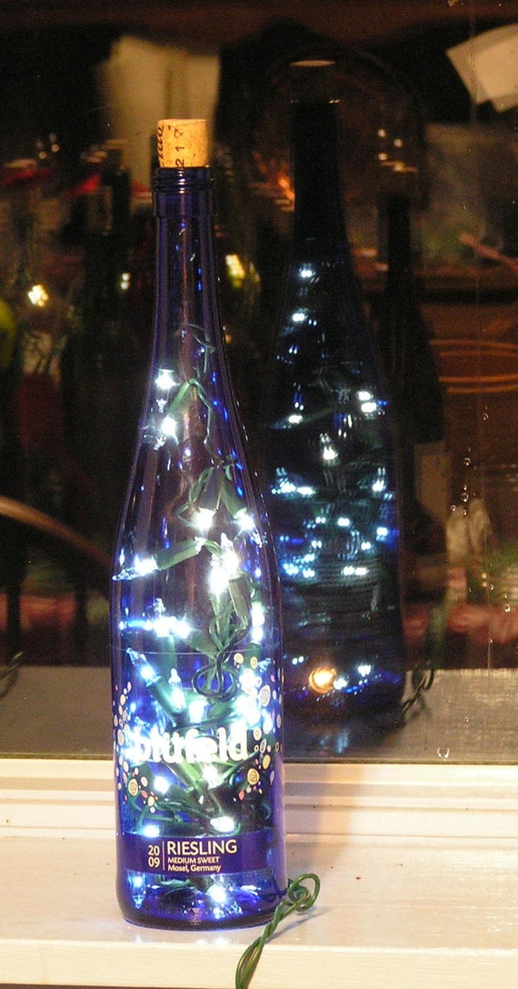 Blue Wine Bottle Light with white lights